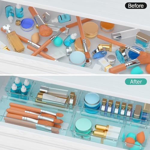 12 Pack Clear Drawer Organizer Set, Drawer Storage Trays, Storage Bins