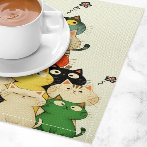 Colorful Cats Stack Linen Placemats Set of 2PCS, Heat Resistant Non-Slip Washable Table Placemats for Dining Everyday Use Hotel Banquet Home Decor