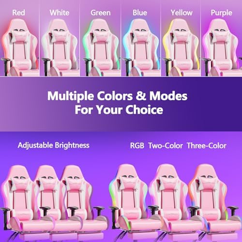 Mr IRONSTONE Gaming Chair with Footrest, Ergonomic Gaming Chair with Massage Lumbar Support and Headrest, Reclining Computer Desk Chair for Adults, Adjustable Swivel Gaming Office Chair, Pink