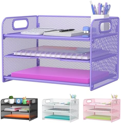 Samstar 3 Tier Purple Letter Tray Paper Organizer with Handle, Mesh Desk Organizer Paper Sorter File Rack Shelves, Purple