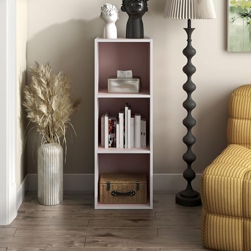 Homes: Inside + Out Apexa 3-Cube Storage Organizer Shelves, Stackable Wood Bookcase Fits Cubby Bins for Organization, Dorm Teen Room Decor & Home Office, Light Pink