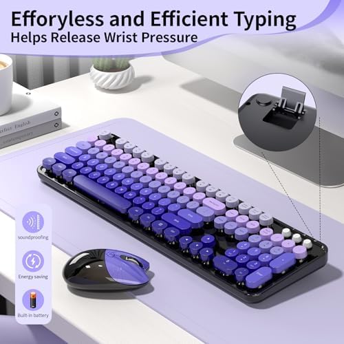 Wireless Keyboard and Mouse, 104 Round Keycaps Retro Typewriter Purple