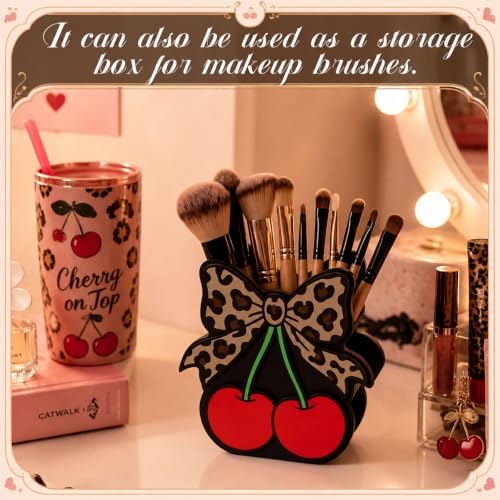 Tenceur Cherry Leopard Bow Pencil Holder for Desk Large Capacity Bow Wood Pen Holder Coquette Desk Organizer Cute Teacher Office Decor Makeup Brush School Supplies Back to School Gift for Girls Women