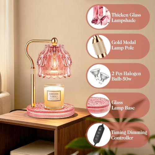Candle Warmer Lamp with Timer Dimmer, Modern Wax Warmer for Scented Wax Jar Candle Warmer with 2 Bulbs, Adjustable Height Glass Lamp for Women, House Warming Gifts, Gold Pink