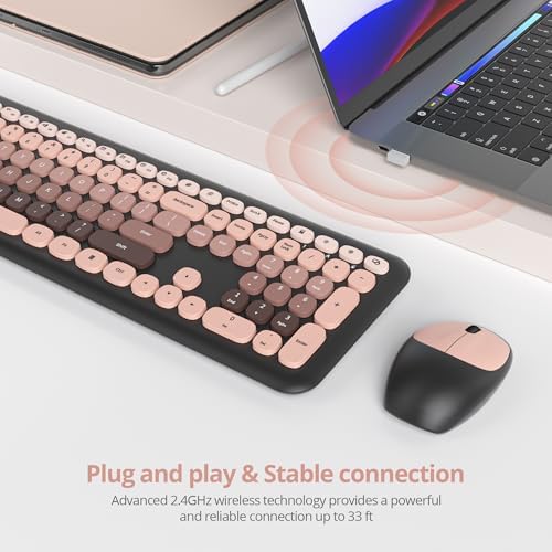 Surmen Cute Colorful Keyboard and Mouse Wireless Silent, Full-Size Retro Typewriter Wireless Quiet Black and Pink Keyboard Low-Noise 2.4GHz for Computer, Desktop, Laptop(6-Heimei)