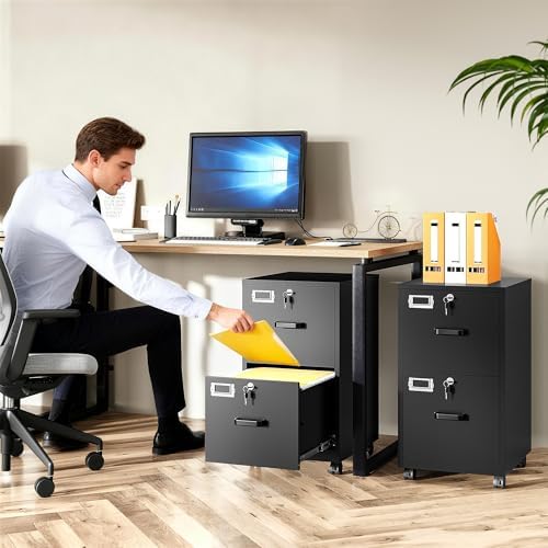 SISESOL 2 Drawer File Cabinet on Wheels,Metal Filing Cabinet with Lock,Black Rolling File Cabinets with Casters,Under Desk Office Cabinets for Home Office,Fit A4/Letter/Legal,Easy Assembly
