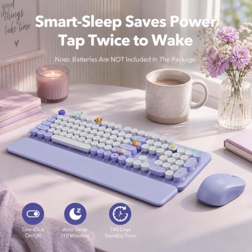 Wireless Keyboard and Mouse, Round Keycaps, Magnetic Wrist Rest, Purple