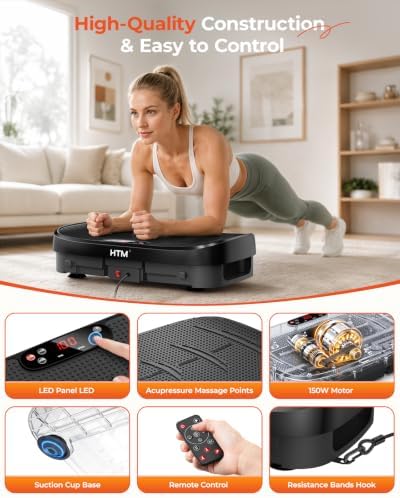 HTM Vibration Plate Exercise Machine, 9 Modes & 120 Speeds, Body Shake Plate with Resistance Bands Slot & Remote Control, Shake Board for Weight Loss Fat Burner Home Fitness Workout