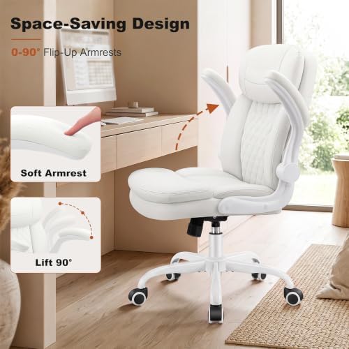 Leather Office Chair, White Computer Desk Chair with Dual Back Support
