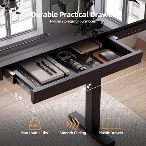 INNOVAR 35" Small Glass Standing Desk with Drawers & USB Ports, Whole-Piece Glass Top Adjustable Height Desks, Quick-Install Electric Sit-Stand Up Desk for Home Office & Computer Workstation, Black