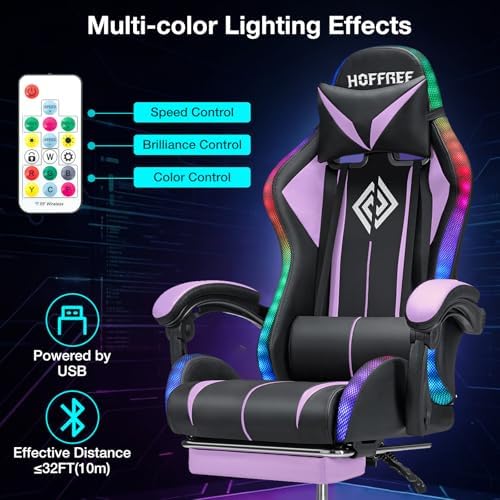 HOFFREE LED Gaming Chair with Massage RGB Light Computer Game Chair-Purple