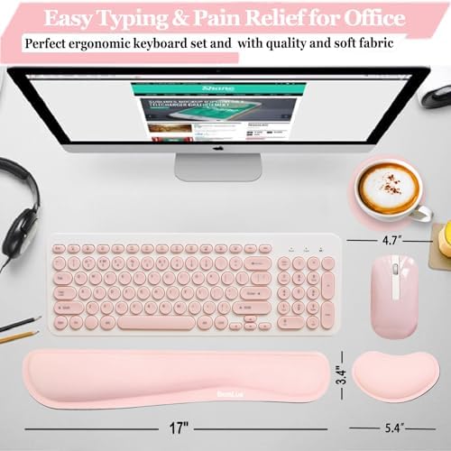 BamLue Upgrade Silky and Superfine Fabric Keyboard Wrist Rest, Gel Mouse Wrist Pillow Pad Set for Easy Typing & Pain Relief for Laptop, Office & Home, Ergonomic Sets for Keyboard-Pink