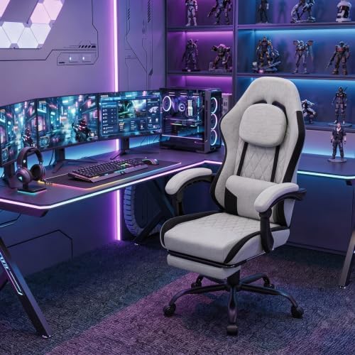 Gaming Chair for Adults, Fabric Gaming Chair with Footrest and Pocket Spring Cushion, Ergonomic Gamer Chair with Lumbar Support, Reclining Computer Gaming Chair with High Back, Grey