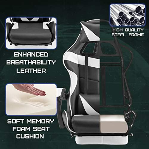 Huracan Gaming Chair with Footrest, Ergonomic Computer Chair Lumbar Support, Adjustable High Back Recliner for Adults, Racing Style Video Gaming Chairs, for Home Office Streaming, White