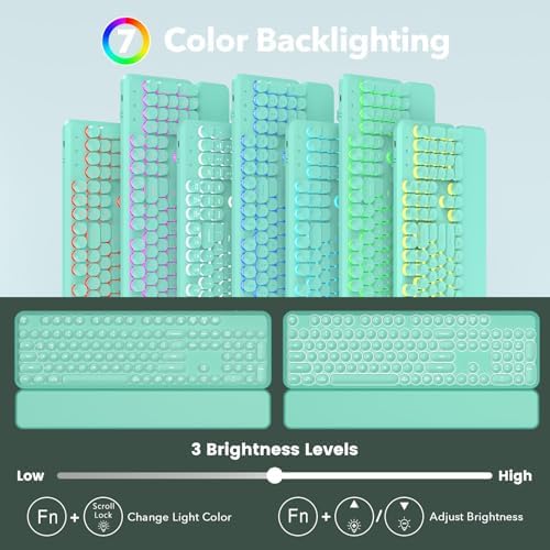 Wireless Keyboard and Mouse Combo, Backlit Round Keycaps, Retro Typewriter Keyboard with Detachable Wrist Rest, Rechargeable & Tilt Legs, 2.4GHz Cordless Connection for Windows/PC (Glowing Turquoise)