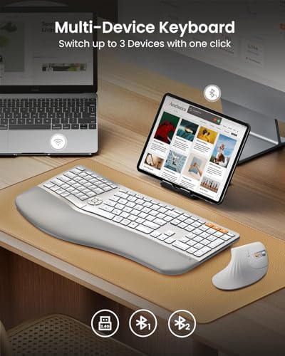 ProtoArc EK01 Plus Backlit Bluetooth Ergonomic Keyboard, White Silver