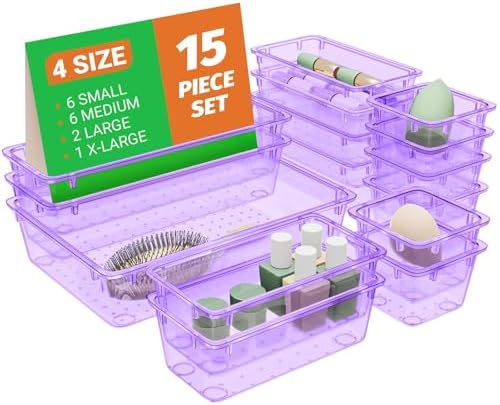 SpaceHacks 15 PCS Plastic Drawer Organizer Set, Drawer Storage Trays