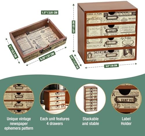 4-Drawer Vintage Ephemera Pattern Desktop Organizer - Arts and Craft Newspaper Design Desk Storage Cabinet - Ephemera Wood Shelf Drawers with Label Holders - Scrapbook Collecting