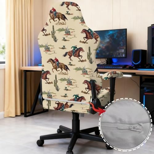 Western Cowboy Print Gaming Chair Cover with Armrest Cover Rustic Style Zippered Slipcover Stain Resistant Universal Swivel Office Desk Chair Protector