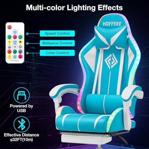 HOFFREE LED Gaming Chair with Massage RGB Lights Computer Chairs-Sky Blue