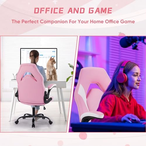 NEWBULIG Computer Gaming Desk Chair - Big Tall Ergonomic Lumbar Support with Flip-up Armrest and 360° Swivel Wheels, PU Leather Height Adjustable, for Home and Office, Pink