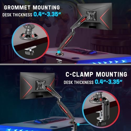 MOUNT PRO Single Gaming Monitor Stand - Mechanical Spring Display Mount, Adjustable Gaming Monitor Arm with C Clamp and Grommet Mounting Base - Fits for Computer Screen up to 32”, VESA 75x75, 100x100