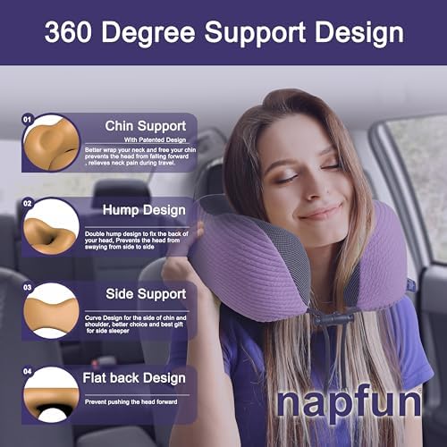 napfun Neck Pillow for Travel, Memory Foam Airplane Pillow, Light Purple