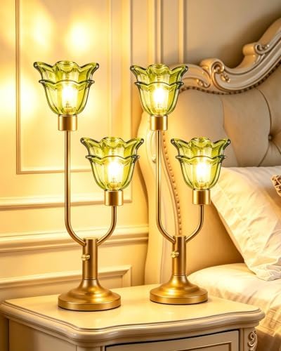 Lightdot Green Bedroom Table Lamps Set of 2 Dimmable Flower Glass Lamp
