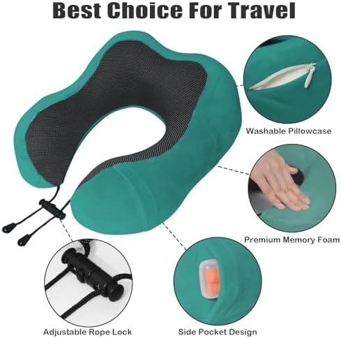 Travel Pillow, Memory Foam Neck Pillow for Traveling, U Shape Neck Pillow Airplane Portable Flight Pillow Travel Kit with 5D Contoured Eye Masks and Earplug for Plane Train Car Home Office