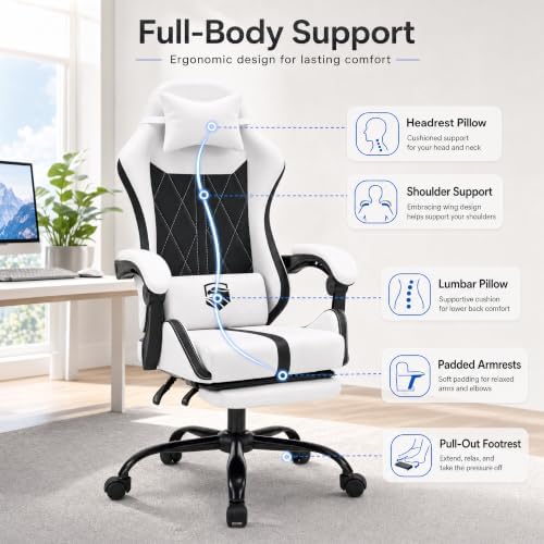 Mid Back Gaming Chair with Footrest, 90°-135° Reclining Computer Chair with Headrest and Lumbar Pillow, Linked Armrests, Height Adjustable 360° Swivel Rolling Office Chair (Whtie-N)