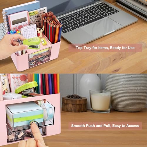 Meiikun Plastic Pen Organizer, Multifunctional Desk Organizer with 2 Drawers, 4 Compartments & a Top Tray, Pencil Holder Desktop Organizers and Accessories for Office, 7.7" x 5.5" x 3.9" (Pink)