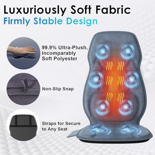 Back Massager with Soft Plush Fabric Cover, Massage Seat Cushion with 8 Vibration Motors & 2 Heating Levels, Chair Massager for Recliner, Office Chair, Sofa Use
