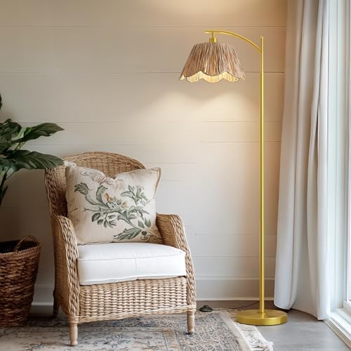 Oneach Boho Floor Lamp with 3 Color Temperatures, Farmhouse Floor Lamps for Living Room with Remote & Dimmable Bulb, Rattan Floor Lamp for Bedroom, Gold