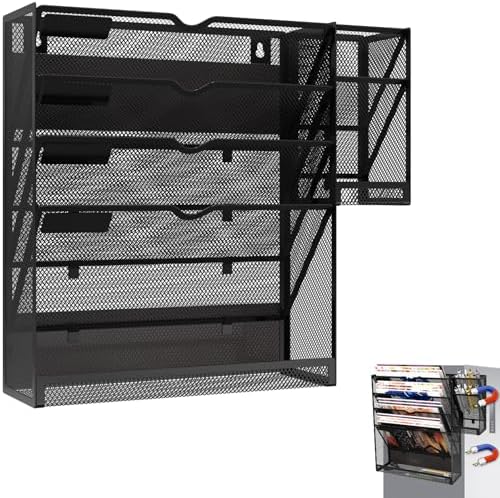 Magnetic File Holder, Magnetic File Organizer Wall Mount, 5 Tier Hanging Mail Organizer Folder Holder, Mesh Desk Accessories and Organizers, Paper Document Magazine Rack with 3 Pen Holder