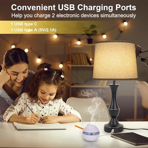 LALISU Touch Table Lamps Set of 2, Farmhouse Table Lamp with USB Charge