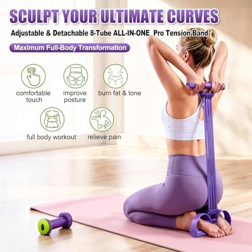Foot Pedal Resistance Bands with Handles, 8-Tube Adjustable Multifunction Elastic Yoga Exercise Bands, Home Gym Fitness Equipment for Women & Men to Tone Abs, Core, Leg, Arm, Waist
