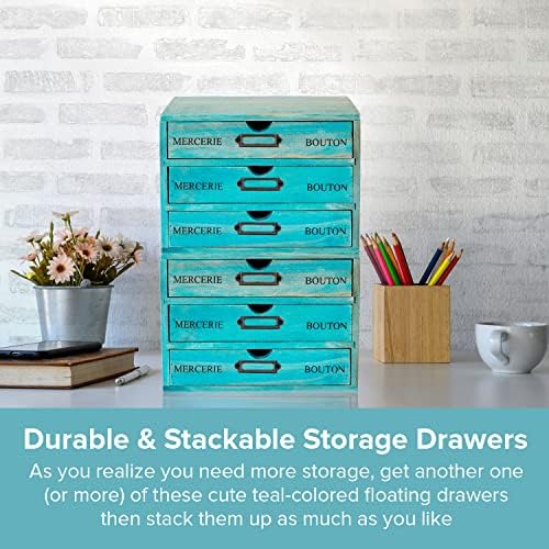 Turquoise 3-Tier Drawer Unit - European Country Style Desk Organizer Box - 9.7x7x7.5" Wooden Teal Stackable Drawers - Countertop Organizer Drawers w/Label Holder - Triple File Drawer Unit