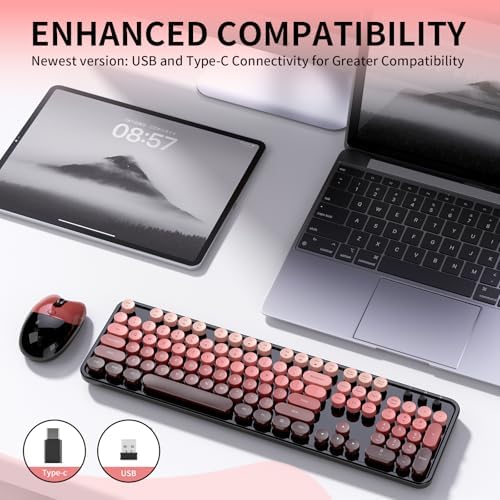 Wireless Keyboard and Mouse, 104 Round Keycaps Retro Typewriter