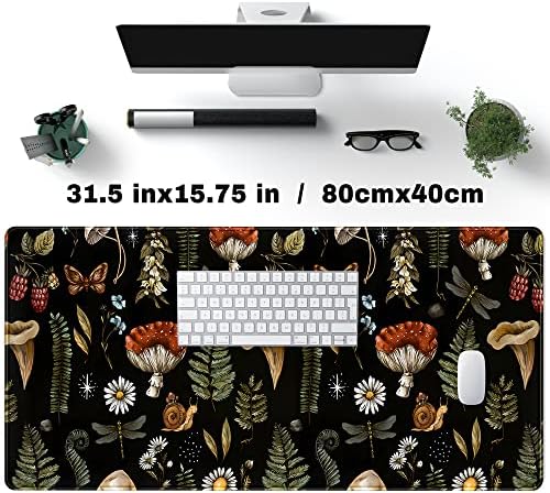 Black Mouse Pad Cottage Core Aesthetic Mouse Pads Mushroom Desk Pad Vintage Mouse Pad Forest Magic Nature Large Desk Pad Ergonomic Mouse Pads with Stitched Edges Non-Slip Computer Mat 31.5x15.7 in