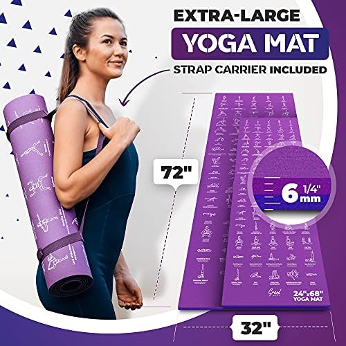 Instructional Yoga Mat with Carrying Strap: Cute Yoga Mat with 75 Illustrated Yoga Poses + 75 Easily-Followed Stretching Exercises - 1/4” Thick, Non-Toxic, Non-Slip Yoga Mats for Women and Men