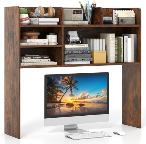 GIANTEX Desktop Bookshelf, 37" Desk Hutch Dorm for Computer Up to 32 Inch, Countertop Hutch w/6 Storage Shelves, 3-Tier Desktop Organizer Display Rack, Wood Desk Shelf for Home Office (Rustic Brown)
