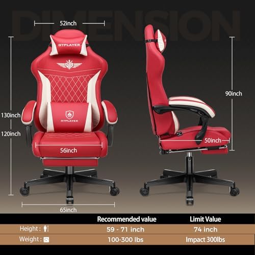 GTPLAYER Gaming Chair with Footrest, Big and Tall Game Chair High Back Computer Office Chair with Lumbar Support for Adults, Ergonomic Swivel Games Chair with Cushion Gaming, Leather Red