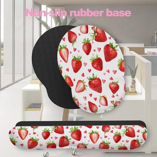 Cute Strawberry Heart Keyboard Wrist Rest Pad Mouse Pad Set,Ergonomic Mousepad Wrist Support Memory Foam Desk Pad for Gaming Office,Non-Slip Rubber Base Easy Typing for Home Office Computers