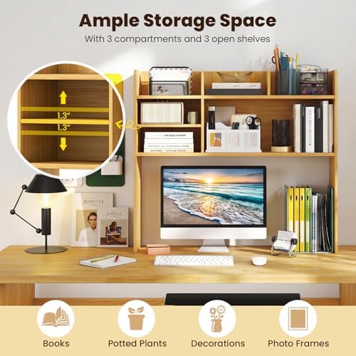 GIANTEX Desktop Bookshelf, 37" Desk Hutch Dorm for Computer Up to 32 Inch, Countertop Hutch w/6 Storage Shelves, 3-Tier Desktop Organizer Display Rack, Wood Desk Shelf for Home Office (Burlywood)