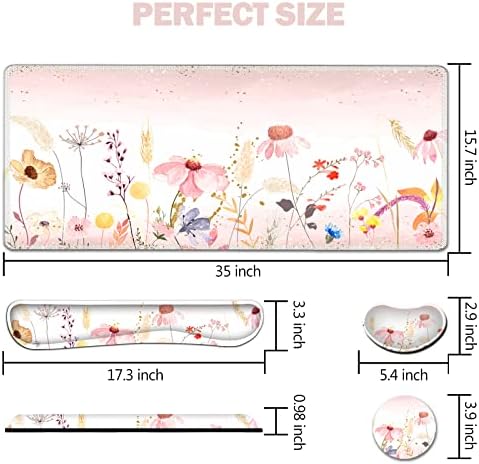 AIMSA Keyboard Mouse Pad Wrist Rest, Extended Gaming Mouse Pad +Wrist Support, Ergonomic Memory Foam,XXL Large Mousepad Easy Typing Pain Relief, 4Pcs (35×15.7 in) Desk Mat, Pink Flowers