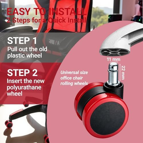 Red Office Chair Casters, 2" Heavy-Duty Chair Castors Replacement with Rubber Ring, Gaming Desk Chair Casters Wheels-Set of 5, Smooth Rolling for Hardwood Carpet Tile Floors, 11 * 22mm Universal fit