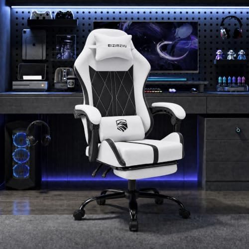 Mid Back Gaming Chair with Footrest, 90°-135° Reclining Computer Chair with Headrest and Lumbar Pillow, Linked Armrests, Height Adjustable 360° Swivel Rolling Office Chair (Whtie-N)