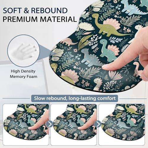 Cute Dinosaur Ergonomic Keyboard and Mouse Wrist Rest Set, Flower Mouse Pad with Non Slip Base, Soft Cloth Surface for Office and Home Typing Support