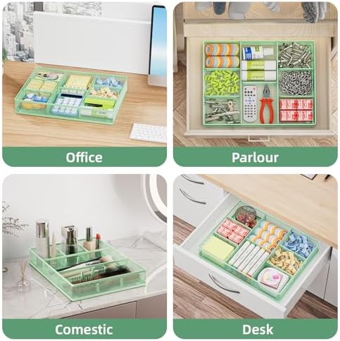 Marbrasse Desk Drawer Organizer, Metal Mesh Drawer Organizer Tray with 5 Adjustable Compartments,Desk Organizers and Accessories for Home,Office,Kitchen,Makeup,Vanity (Green)