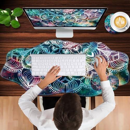 Mouse Pad with Wrist Support + Desk Mat + Coaster 3 in 1 Set, XXL Large Gaming Mousepad Ergonomic Mouse Pads for Desk Computer Laptop Office,Mandala in Galaxy